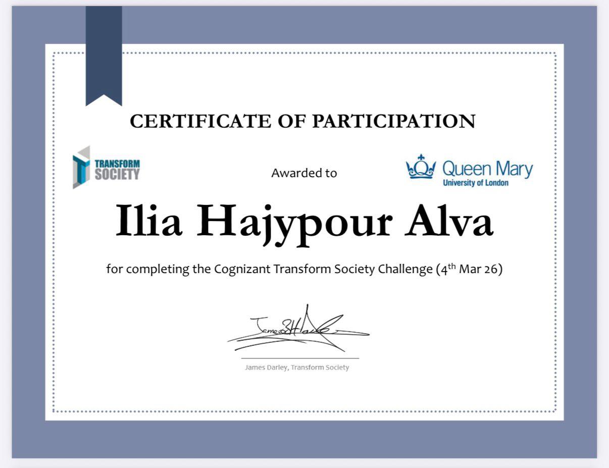 Cognizant Transform Society Challenge certificate